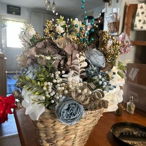 Elegant Floral Basket with Blue and Gold Accents